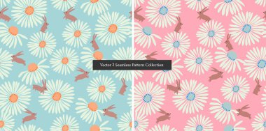 Vektör beyaz kozmos ve tavşan illüstrasyon motifsiz tekrarlama desen koleksiyonu dijital dosya sanatsal ev dekorasyonu moda kumaş yüzey tasarımı tekstil 2 renk yolu ayarlayın