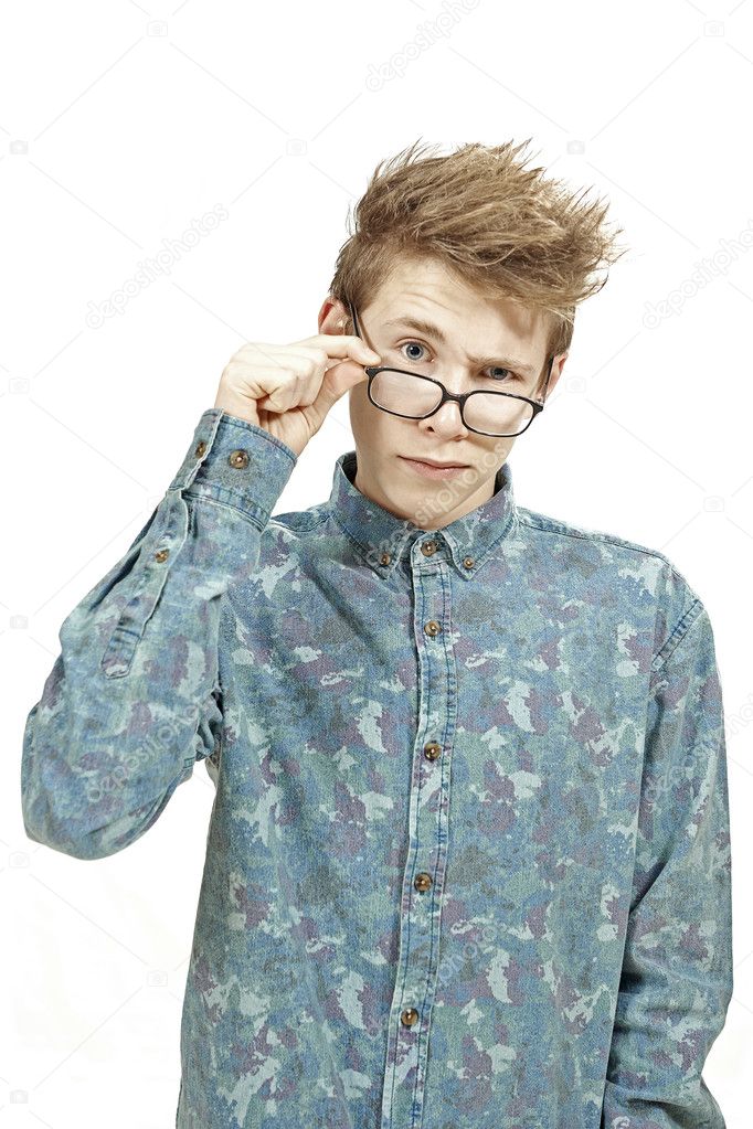 Young man with glasses and lifted eyebrow