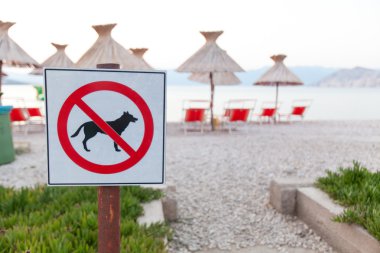 Signs announcing the ban on dogs on the beach.  clipart