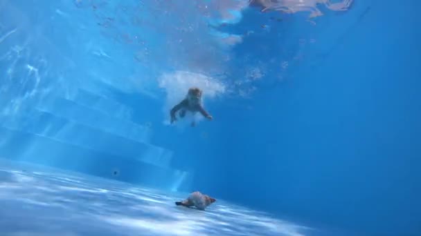 海に沈む小さな男の子ダイビングの少年のスローショット スローモーション 水中撮影 — ストック動画