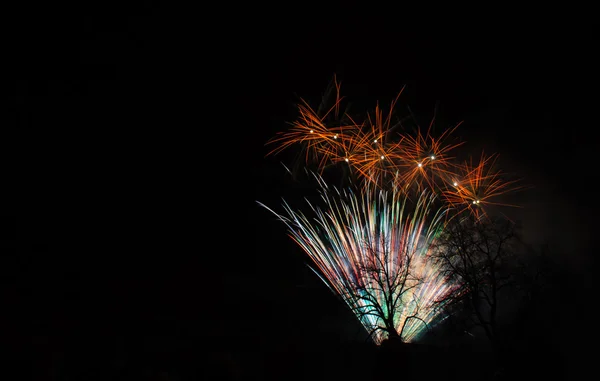 Fogos de artifício coloridos no céu noturno — Fotografia de Stock