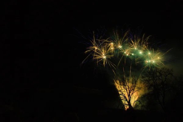 Kleurrijk vuurwerk aan de nachtelijke hemel — Stockfoto