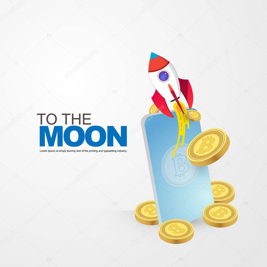 Bitcoin to the moon. Cryptocurrency rising price concept. BTC wealth.