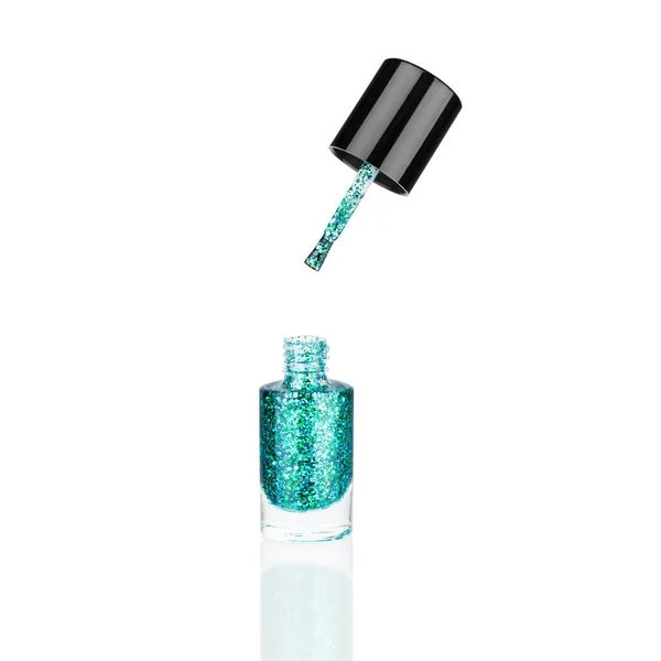 Blue Glittering Nail Polish Glass Bottle Brush White Background Isolated — Stock Photo, Image