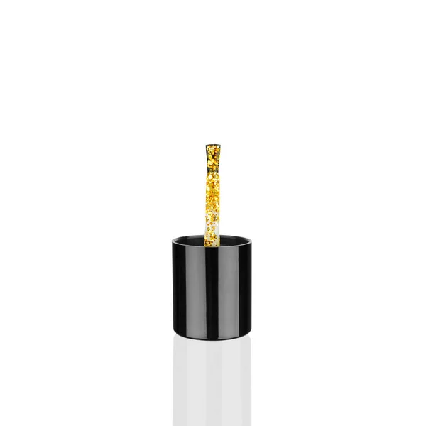 Χρυσό Γυαλιστερό Βερνίκι Νυχιών Μαύρο Πλαστικό Πινέλο Λευκό Φόντο Απομονωμένο — Φωτογραφία Αρχείου