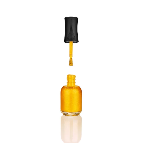 Golden Glittering Nail Polish Open Glass Bottle Brush White Background — Φωτογραφία Αρχείου