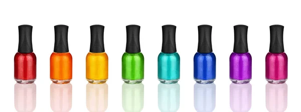 Colorful Nail Polish Glass Bottles Set Reflection White Background Isolated — Stock Photo, Image