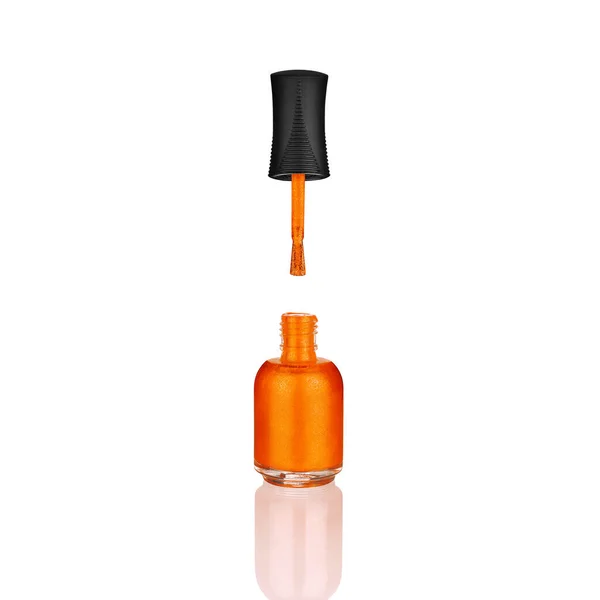Botella Cristal Esmalte Uñas Naranja Cepillo Espejo Reflejo Fondo Blanco —  Fotos de Stock