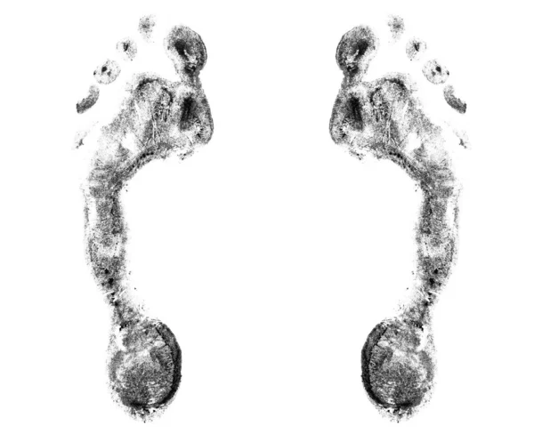 黒人間の足跡白の背景を閉じ 大人の足のプリントパターン図 裸足の足跡のシルエットマーク 2つの乱雑な素足のスタンプを描いた インクの図面印刷 サイン シンボル — ストック写真