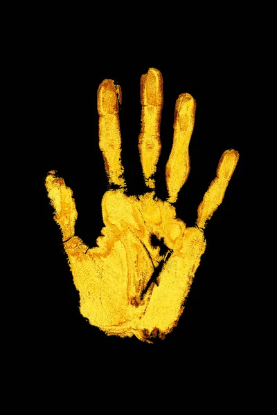 Golden Human Hand Print Black Background Isolated Close Shiny Gold — Stock Photo, Image