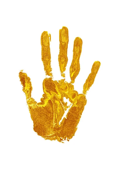 Golden Human Hand Print White Background Isolated Close Shiny Gold — Stock Photo, Image