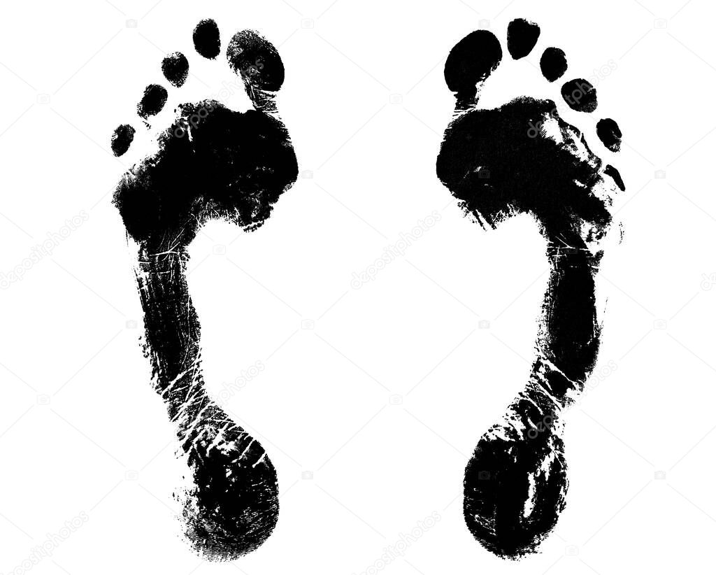 Black human footprint white background isolated closeup, barefoot person foot print pattern illustration, footstep silhouette mark, two bare feet trail painted stamp, ink drawing imprint, sign, symbol