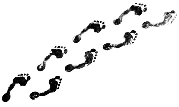 人間の黒い足跡方法白の背景 裸足の人の足のプリントパターン 歩行パス 足跡シルエットイラスト 裸の足のルート歩道 インクのインプリント スタンプ マーク — ストック写真