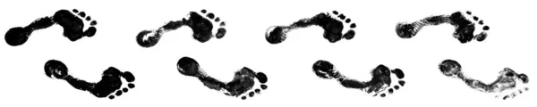 Mänskliga Svarta Fotspår Sätt Vit Bakgrund Isolerad Barfota Person Fotavtryck — Stockfoto
