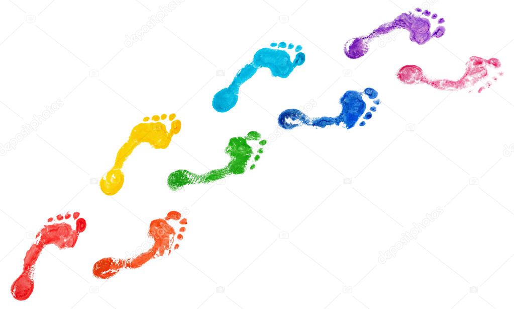 Rainbow color human footprints way white background isolated, colorful watercolor barefoot footsteps pattern, foot print collection, walking path illustration, bare feet route trail imprint stamp mark