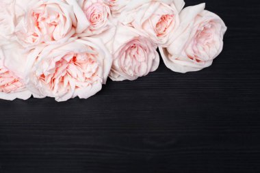 Narin açık pembe güller, siyah ahşap arka plan, koyu ahşap üzerinde güzel beyaz ve kırmızı çiçekler, doğum günü tebrik kartı, sevgililer günü, düğün çerçevesi, çiçek kenarı, metin kopyalama alanı.