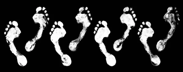 White human footprints set on black background isolated closeup, barefoot person foot print pattern collection, group of footstep marks, bare foot trail stamp, ink imprint, sign, symbol, illustration