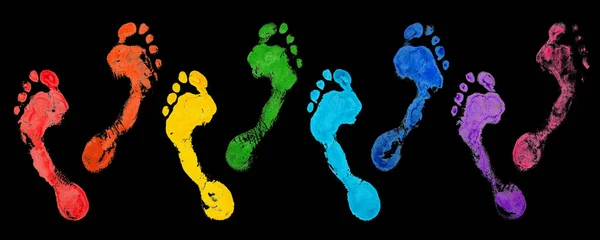 Rainbow Color Human Footprints Set Black Background Isolated Close Colorful — Stock Photo, Image