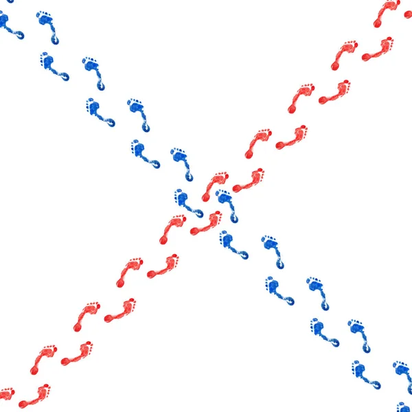 Kreuzwege Von Roten Und Blauen Menschlichen Fußabdrücken Weißer Hintergrund Isoliert — Stockfoto