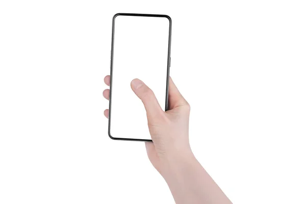 Menschliche Hand Hält Smartphone Finger Berühren Leeren Bildschirm Auf Weißem — Stockfoto