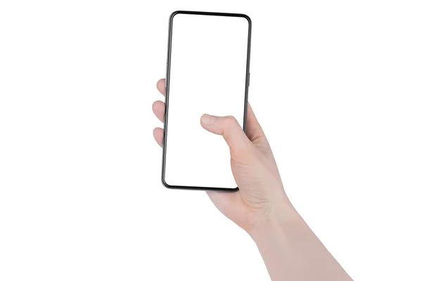 Ανθρώπινο Χέρι Κρατώντας Smartphone Δάχτυλο Που Αγγίζει Κενή Οθόνη Λευκό — Φωτογραφία Αρχείου