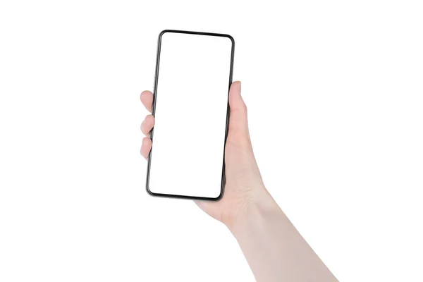 Menschliche Hand Hält Schwarzes Smartphone Leeren Bildschirm Weißen Hintergrund Isoliert — Stockfoto