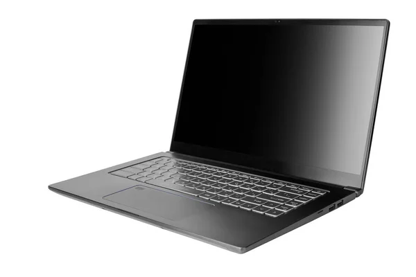 带有空白黑色屏幕的笔记本电脑 白色背景隔离 现代精巧的计算机设计 开放的空显示 Pc模拟 工作室拍摄 复制空间 — 图库照片