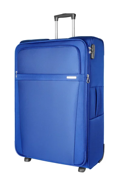 Modrá Tkanina Cestovní Kufr Zipem Rukojetí Bílé Pozadí Izolované Zblízka — Stock fotografie
