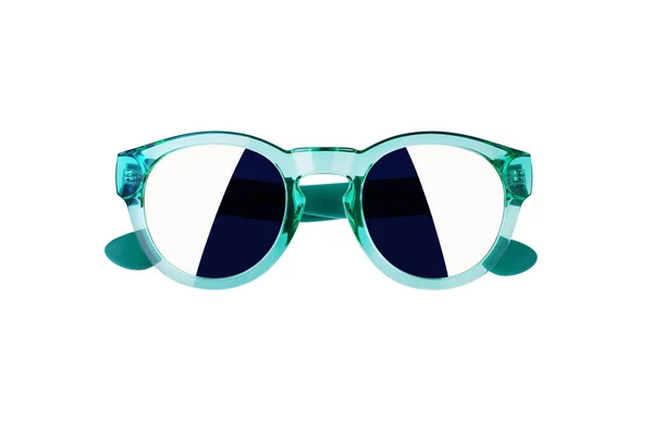 Blauwe Groene Zonnebril Met Spiegelreflectielens Witte Achtergrond Geïsoleerd Close Mode — Stockfoto