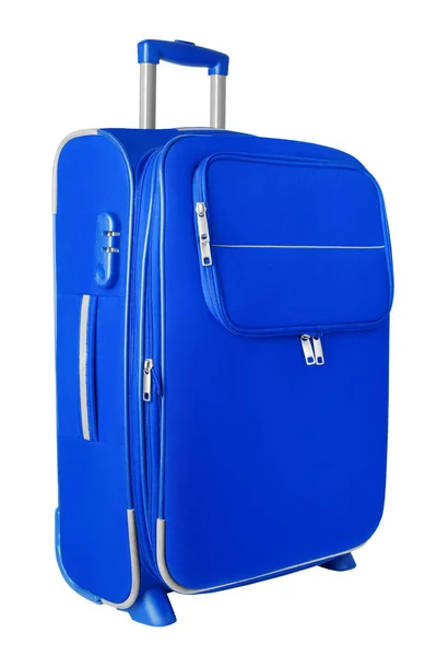 Kék Szövet Utazási Bőrönd Cipzárral Fogantyú Zár Fehér Háttér Elszigetelt — Stock Fotó