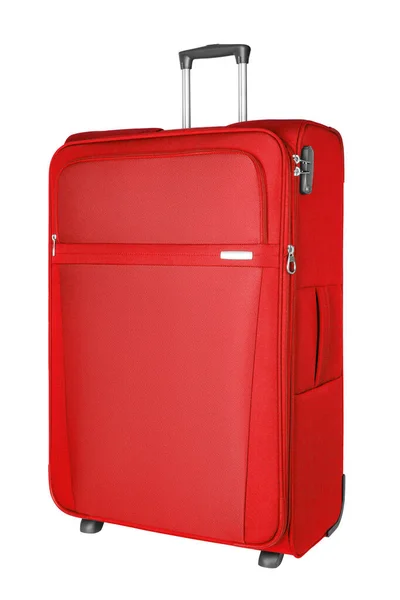 サイドビュー 大規模な布の手荷物ケース 大きな繊維荷物トロリーバッグ 夏休み 休暇の近くに隔離された白い背景にジッパー ハンドルとロックと赤生地旅行スーツケース — ストック写真
