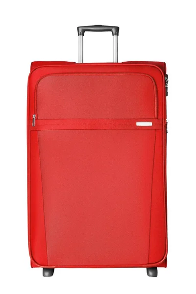 赤い生地旅行スーツケースジッパー ハンドルとロック上の白い背景隔離されたクローズアップフロントビュー 大規模な布荷物ケース 大きな繊維荷物トロリーバッグ 夏休み — ストック写真