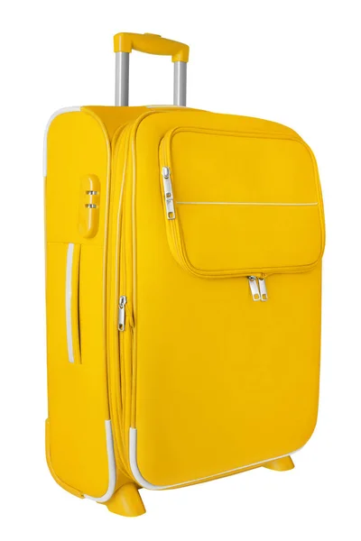 Žlutá Tkanina Cestovní Kufr Zipem Rukojeť Zámek Bílé Pozadí Izolované — Stock fotografie