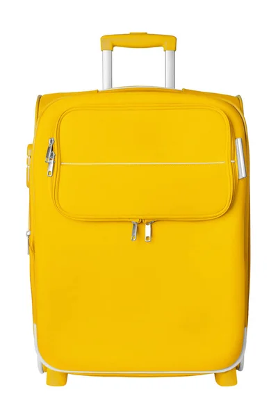 Žlutá Tkanina Cestovní Kufr Zipem Rukojeť Zámek Bílé Pozadí Izolované — Stock fotografie
