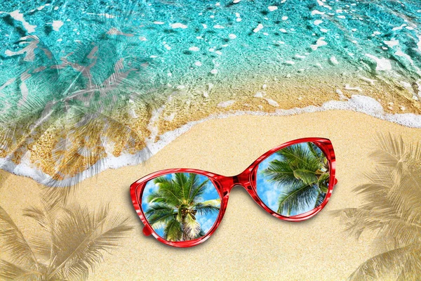 Blue sea wave, yellow sand beach, turquoise ocean water, red sunglasses, reflection blue sky, green palm trees, shadow top view closeup, summer holidays travel banner concept, tropical island vacation