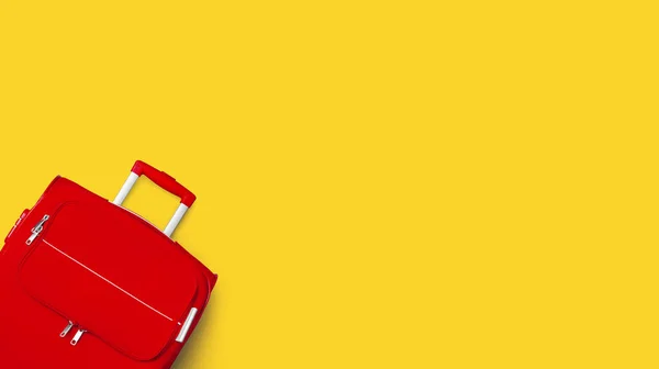 Travel banner, summer holidays, vacation concept, tourism, red suitcase, baggage, luggage, trolley bag closeup top view bright yellow background, frame corner border, mockup, template, text copy space