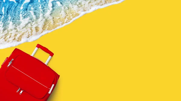 Travel banner, summer holidays, vacation, tourism, red suitcase, baggage, luggage, blue sea wave water, tropical beach top view on yellow background, frame, corner border, mockup, template, copy space