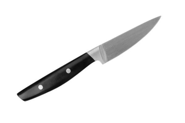 Beyaz arka planda siyah plastik saplı çelik kesici bıçak yakın plan, metal şef bıçağı, keskin paslanmaz bıçak, oyma bıçağı, yemek pişirme bıçağı, mutfak gereçleri, kesme aleti, tehlikeli silah.