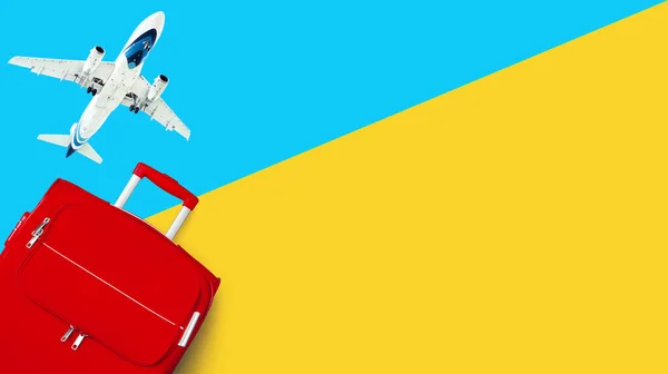 Travel banner, summer holidays design, vacation concept, tourism: white airplane flying in blue sky, red suitcase, baggage, luggage, bright yellow background, mockup, template, empty text copy space