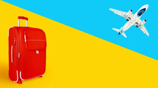 Travel banner, summer holidays design, vacation concept, tourism: white airplane flying in blue sky, red suitcase, baggage, luggage, bright yellow background, mockup, template, empty text copy space