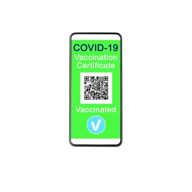 COVID 19 aşı sertifikası akıllı telefon ekranı beyaz arka plan kapalı, dijital koronavirüs dokunulmazlık pasaportu, cep telefonu uygulaması, aşılanmış insanlar, uluslararası turizm, seyahat