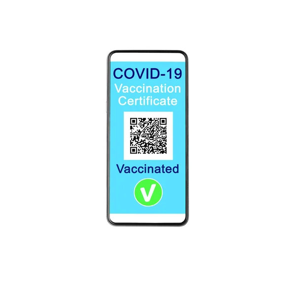 COVID 19 vaccination certificate smartphone screen white background isolated close up, digital coronavirus immunity health passport, mobile phone app, vaccinated people, international tourism, travel