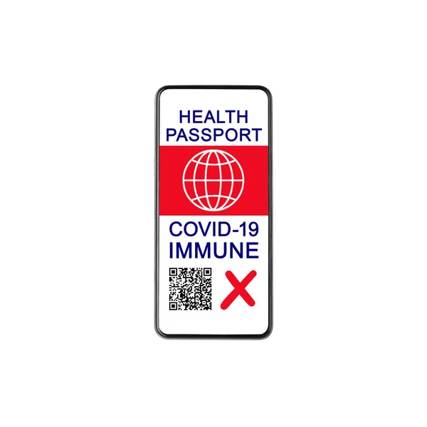 Digital Health passport NO COVID 19 immunity smartphone screen white background isolated, coronavirus vaccination certificate mobile phone app, NOT vaccinated people, international tourism travel, red