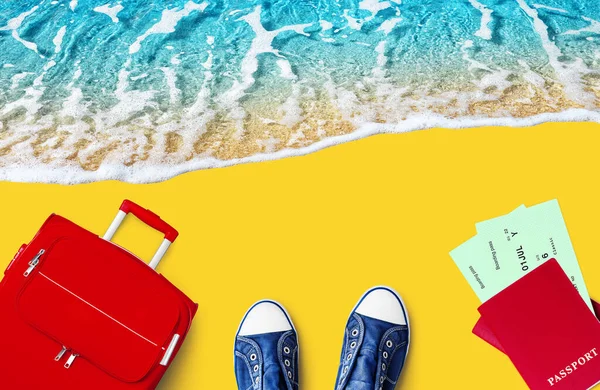 Travel banner, summer holidays, vacation concept, tourism: tropical island beach, blue sea wave, ocean water, sand, red suitcase, red passport, airplane boarding pass, flight ticket, gumshoes top view