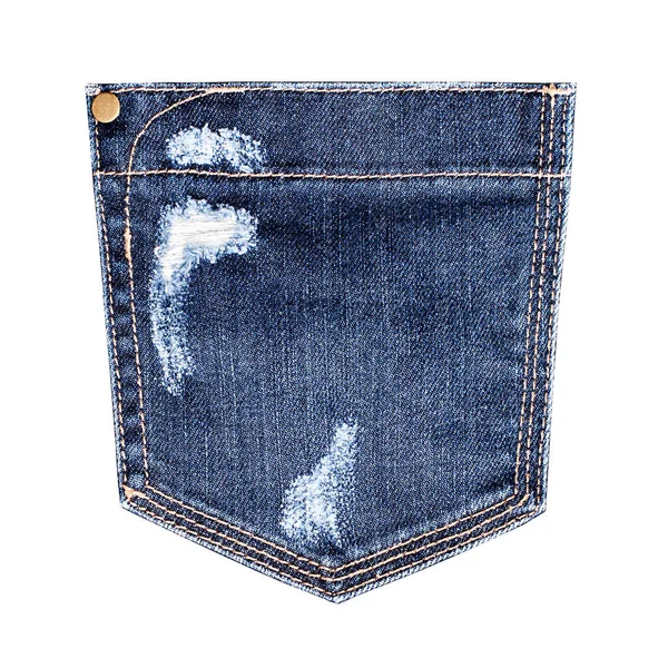 Azul Desgastado Jeans Bolso Branco Fundo Isolado Perto Bolso Jeans — Fotografia de Stock