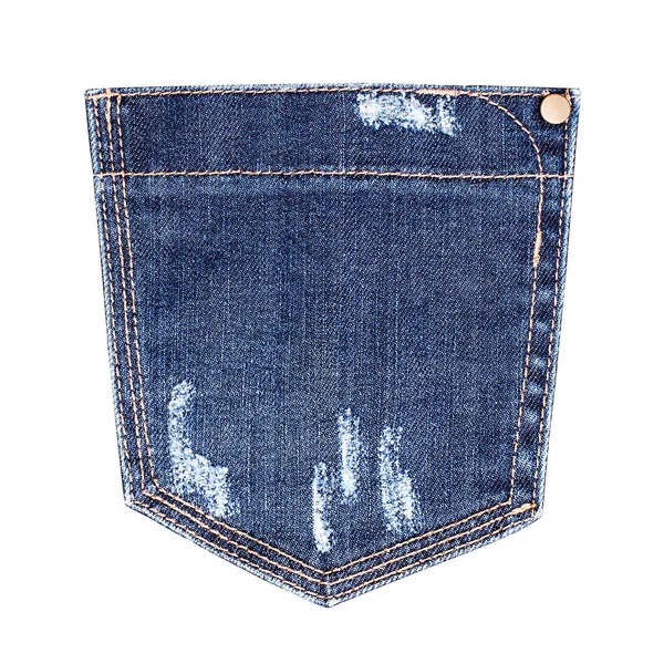 Azul Desgastado Jeans Bolso Branco Fundo Isolado Perto Bolso Jeans — Fotografia de Stock