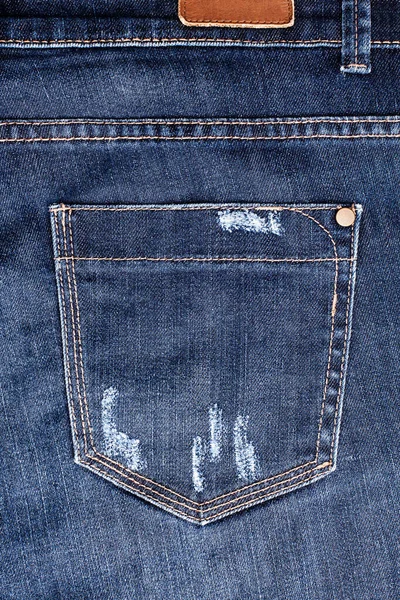 Blå Slitna Jeans Ficka Närbild Slet Jeans Ficka Bakgrund Mörkblå — Stockfoto