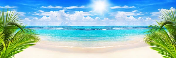 Beautiful tropical sand beach panorama view turquoise sea water ocean wave green palm tree leaves sun blue sky white cloud, summer holidays exotic island vacation, Caribbean travel, Maldives landscape