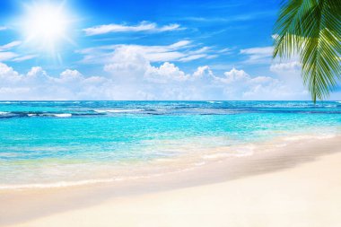 Tropik ada manzarası, egzotik kum plajı, turkuaz deniz suyu okyanus dalgaları, güneş mavisi gökyüzü beyaz bulutlar arka plan, güzel doğa manzarası, yaz tatili, tatil, seyahat