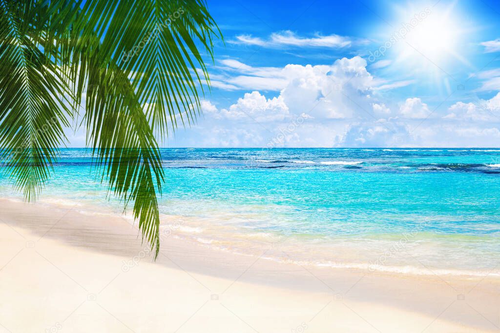 Tropical island landscape, exotic sand beach, turquoise sea water ocean waves, sun blue sky white clouds background, beautiful nature view, summer holidays, vacation, travel